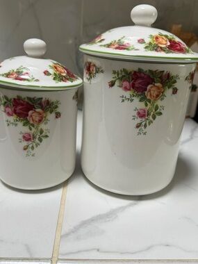 Royal Albert White Porcelain Canister Set with Pink and Yellow Rose Pattern